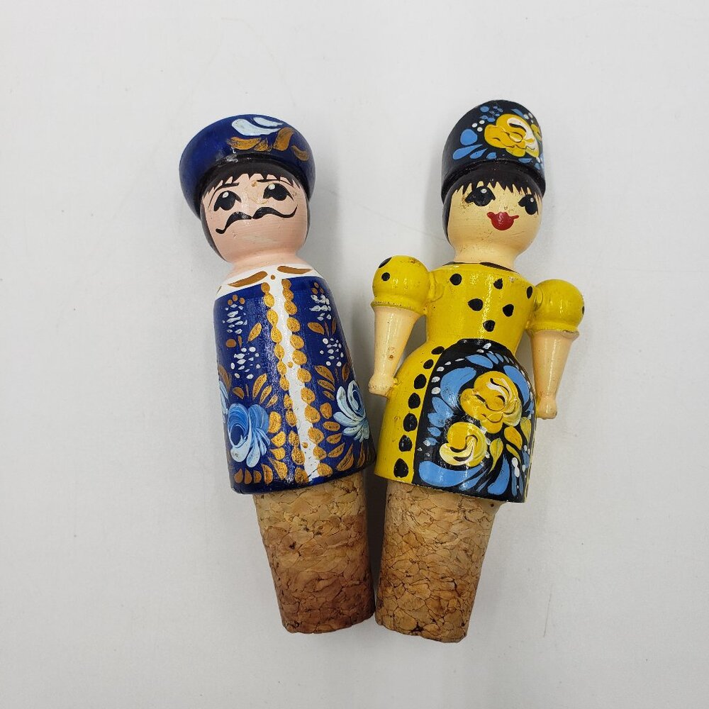 Vintage Hand Painted Folk Art Cork Couple Wine Bottle Stoppers